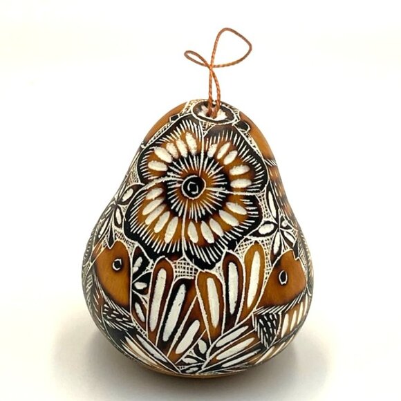 Gourd Ornament Flower Fish Neutrals Brown Black Ivory Folk Art 3" H - Picture 1 of 5